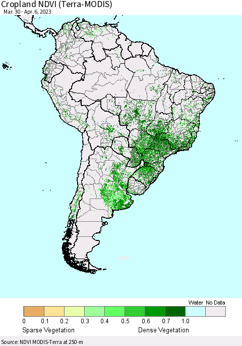 South America Cropland NDVI (Terra-MODIS) Thematic Map For 3/30/2023 - 4/6/2023