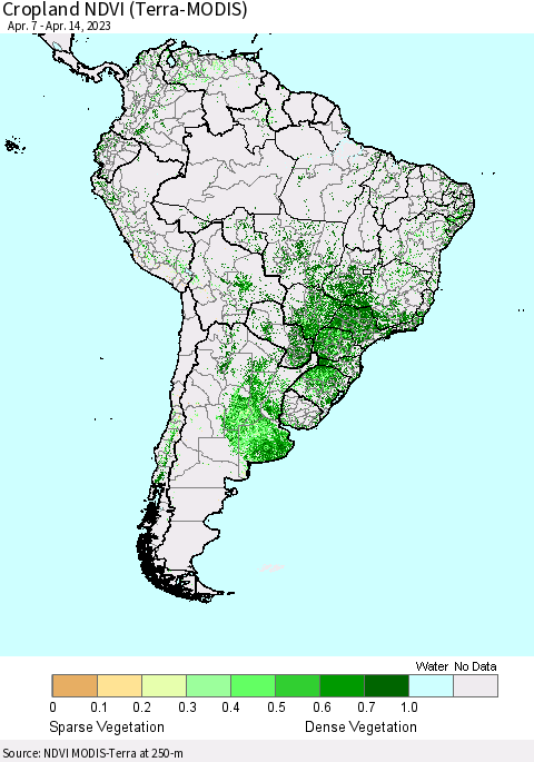 South America Cropland NDVI (Terra-MODIS) Thematic Map For 4/7/2023 - 4/14/2023