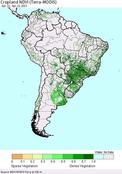 South America Cropland NDVI (Terra-MODIS) Thematic Map For 4/15/2023 - 4/22/2023