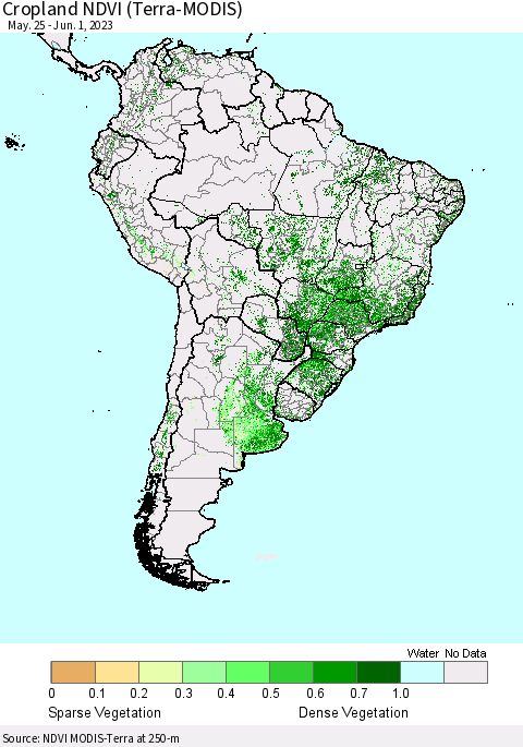 South America Cropland NDVI (Terra-MODIS) Thematic Map For 5/25/2023 - 6/1/2023