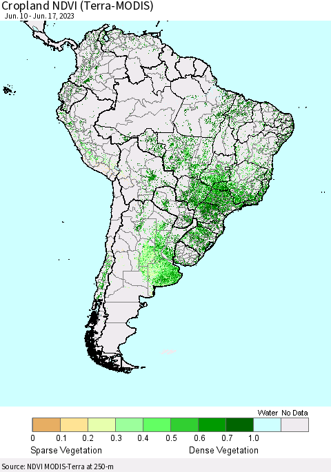 South America Cropland NDVI (Terra-MODIS) Thematic Map For 6/10/2023 - 6/17/2023