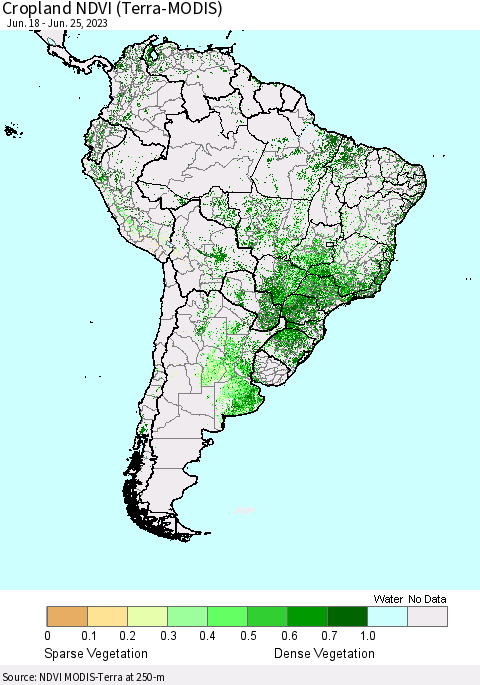 South America Cropland NDVI (Terra-MODIS) Thematic Map For 6/18/2023 - 6/25/2023