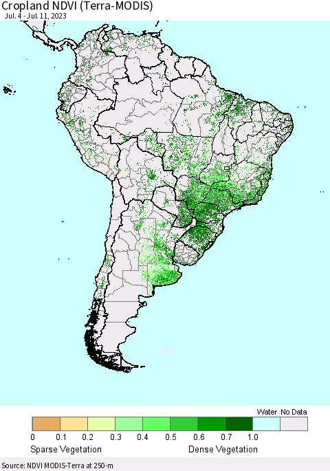South America Cropland NDVI (Terra-MODIS) Thematic Map For 7/4/2023 - 7/11/2023