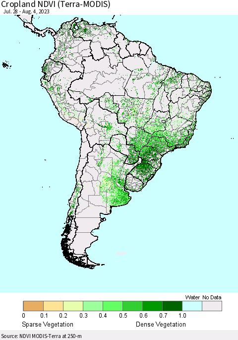 South America Cropland NDVI (Terra-MODIS) Thematic Map For 7/28/2023 - 8/4/2023