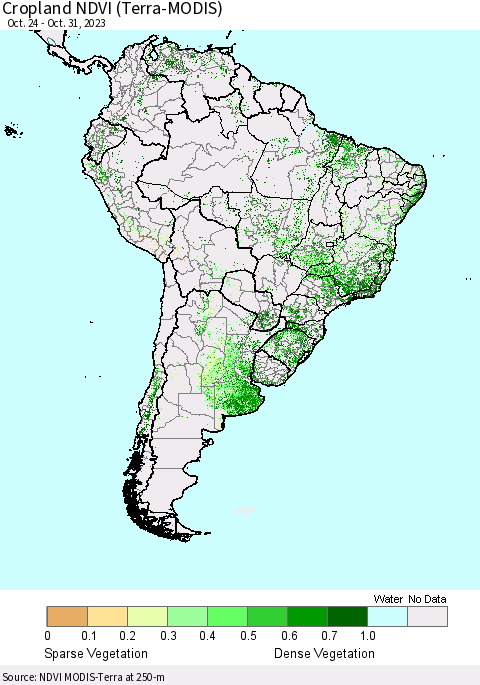 South America Cropland NDVI (Terra-MODIS) Thematic Map For 10/24/2023 - 10/31/2023