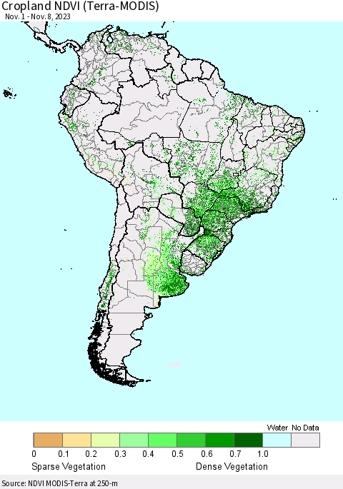 South America Cropland NDVI (Terra-MODIS) Thematic Map For 11/1/2023 - 11/8/2023