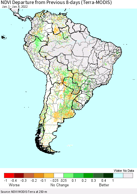 South America NDVI Departure from Previous 8-days (Terra-MODIS) Thematic Map For 1/1/2022 - 1/8/2022