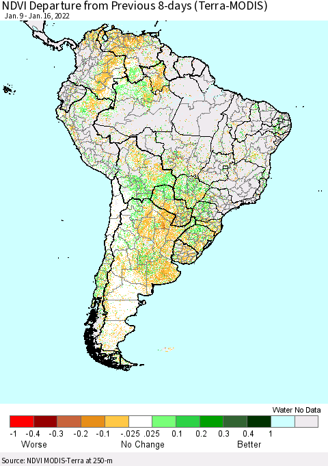 South America NDVI Departure from Previous 8-days (Terra-MODIS) Thematic Map For 1/9/2022 - 1/16/2022