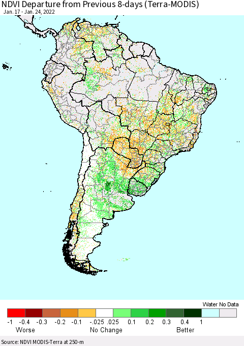 South America NDVI Departure from Previous 8-days (Terra-MODIS) Thematic Map For 1/17/2022 - 1/24/2022