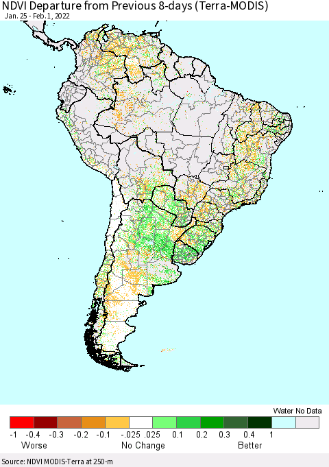 South America NDVI Departure from Previous 8-days (Terra-MODIS) Thematic Map For 1/25/2022 - 2/1/2022