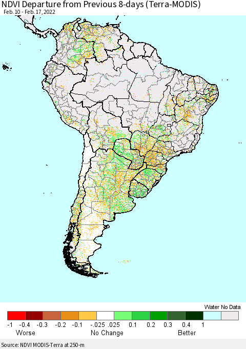 South America NDVI Departure from Previous 8-days (Terra-MODIS) Thematic Map For 2/10/2022 - 2/17/2022
