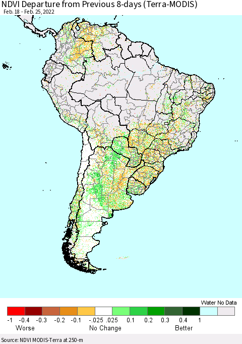 South America NDVI Departure from Previous 8-days (Terra-MODIS) Thematic Map For 2/18/2022 - 2/25/2022