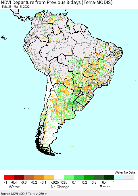 South America NDVI Departure from Previous 8-days (Terra-MODIS) Thematic Map For 2/26/2022 - 3/5/2022