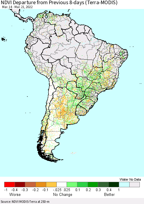South America NDVI Departure from Previous 8-days (Terra-MODIS) Thematic Map For 3/14/2022 - 3/21/2022