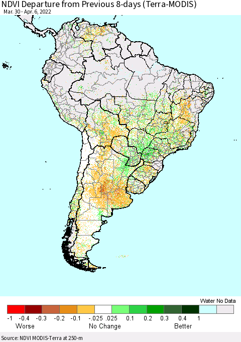 South America NDVI Departure from Previous 8-days (Terra-MODIS) Thematic Map For 3/30/2022 - 4/6/2022