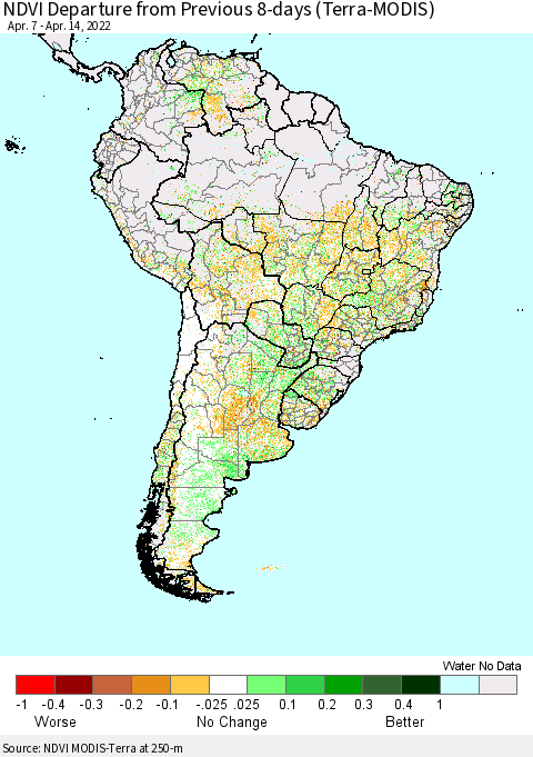 South America NDVI Departure from Previous 8-days (Terra-MODIS) Thematic Map For 4/7/2022 - 4/14/2022