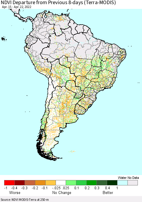South America NDVI Departure from Previous 8-days (Terra-MODIS) Thematic Map For 4/15/2022 - 4/22/2022