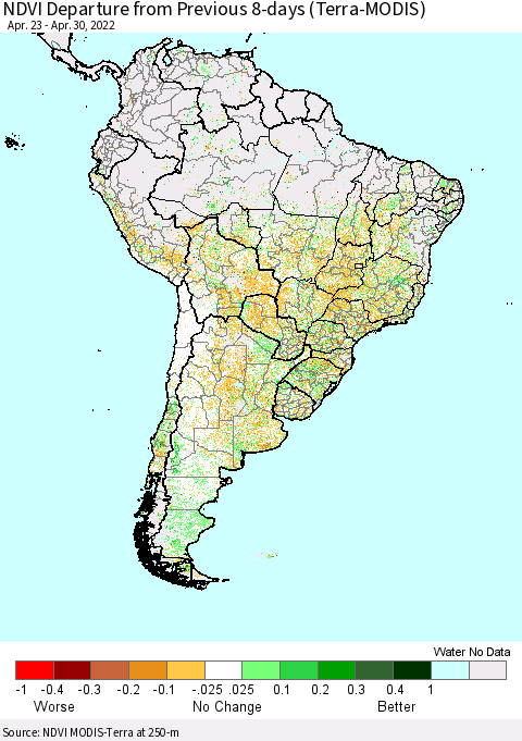 South America NDVI Departure from Previous 8-days (Terra-MODIS) Thematic Map For 4/23/2022 - 4/30/2022