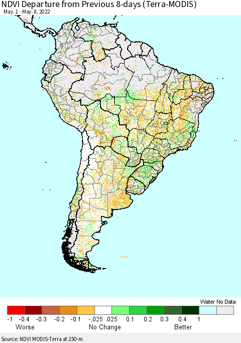 South America NDVI Departure from Previous 8-days (Terra-MODIS) Thematic Map For 5/1/2022 - 5/8/2022