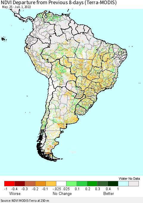South America NDVI Departure from Previous 8-days (Terra-MODIS) Thematic Map For 5/25/2022 - 6/1/2022