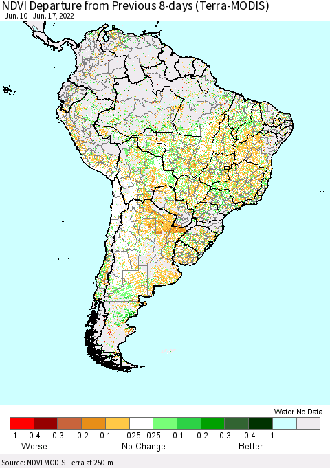 South America NDVI Departure from Previous 8-days (Terra-MODIS) Thematic Map For 6/10/2022 - 6/17/2022