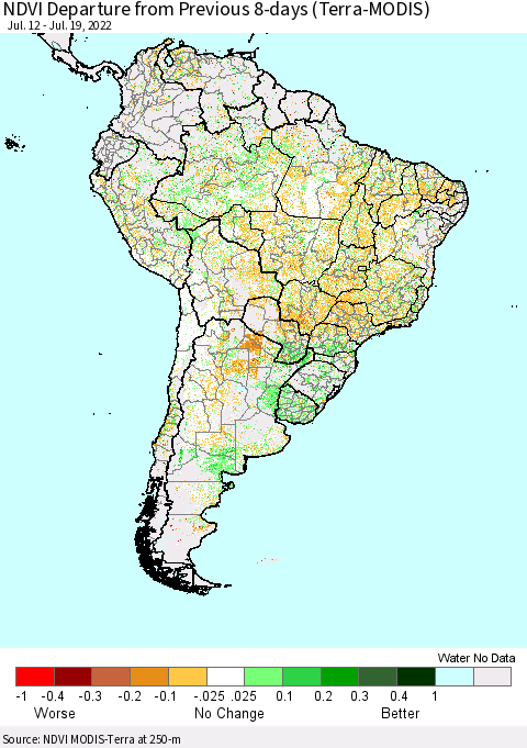 South America NDVI Departure from Previous 8-days (Terra-MODIS) Thematic Map For 7/12/2022 - 7/19/2022