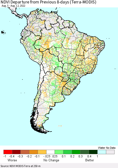 South America NDVI Departure from Previous 8-days (Terra-MODIS) Thematic Map For 8/5/2022 - 8/12/2022