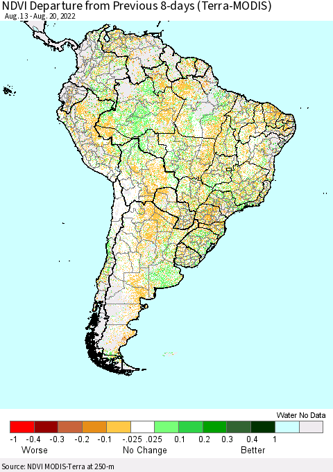 South America NDVI Departure from Previous 8-days (Terra-MODIS) Thematic Map For 8/13/2022 - 8/20/2022