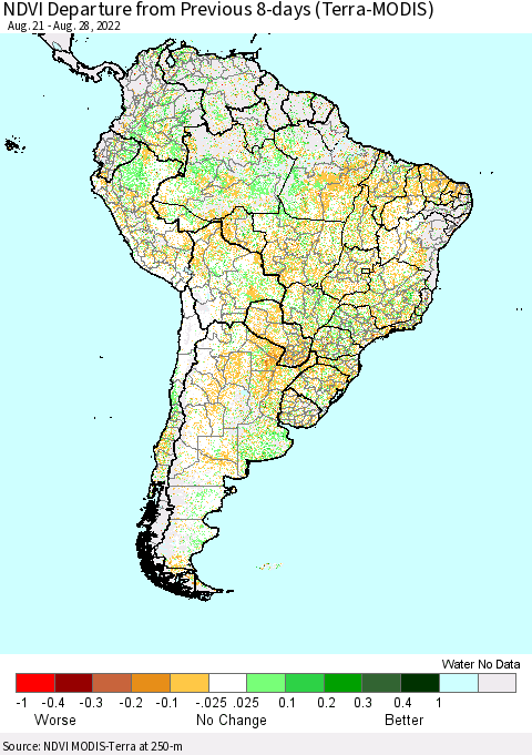South America NDVI Departure from Previous 8-days (Terra-MODIS) Thematic Map For 8/21/2022 - 8/28/2022