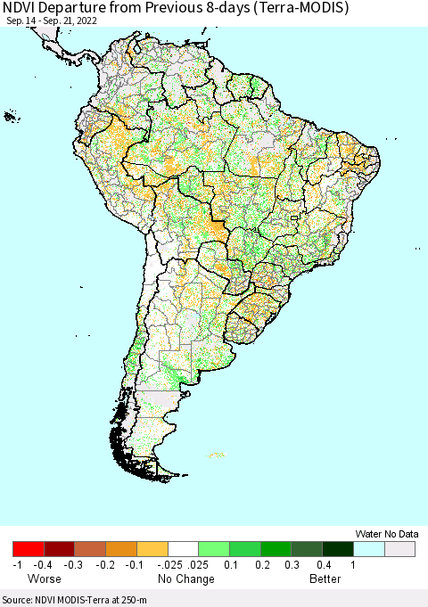 South America NDVI Departure from Previous 8-days (Terra-MODIS) Thematic Map For 9/14/2022 - 9/21/2022