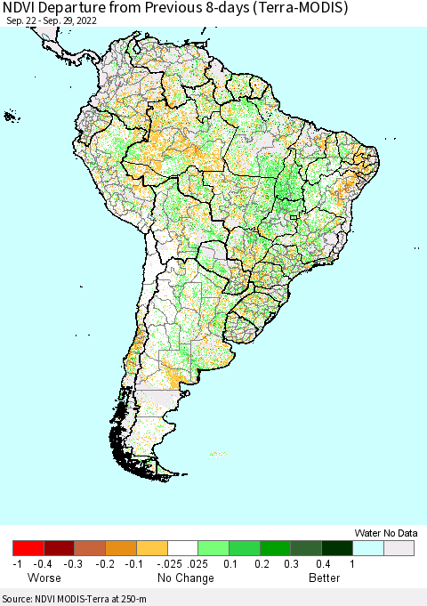South America NDVI Departure from Previous 8-days (Terra-MODIS) Thematic Map For 9/22/2022 - 9/29/2022