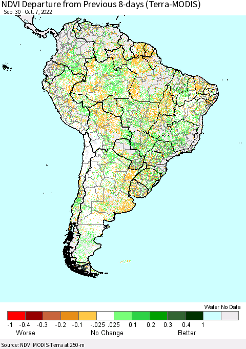South America NDVI Departure from Previous 8-days (Terra-MODIS) Thematic Map For 9/30/2022 - 10/7/2022