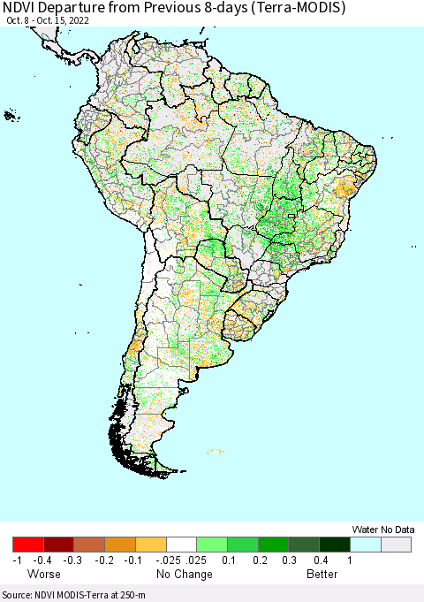 South America NDVI Departure from Previous 8-days (Terra-MODIS) Thematic Map For 10/8/2022 - 10/15/2022