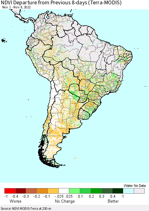 South America NDVI Departure from Previous 8-days (Terra-MODIS) Thematic Map For 11/1/2022 - 11/8/2022