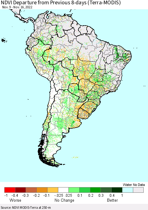 South America NDVI Departure from Previous 8-days (Terra-MODIS) Thematic Map For 11/9/2022 - 11/16/2022