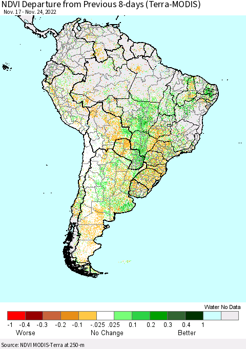 South America NDVI Departure from Previous 8-days (Terra-MODIS) Thematic Map For 11/17/2022 - 11/24/2022