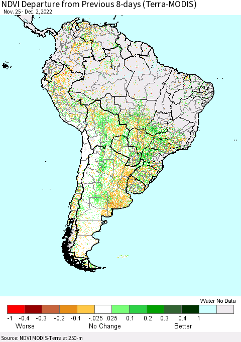South America NDVI Departure from Previous 8-days (Terra-MODIS) Thematic Map For 11/25/2022 - 12/2/2022