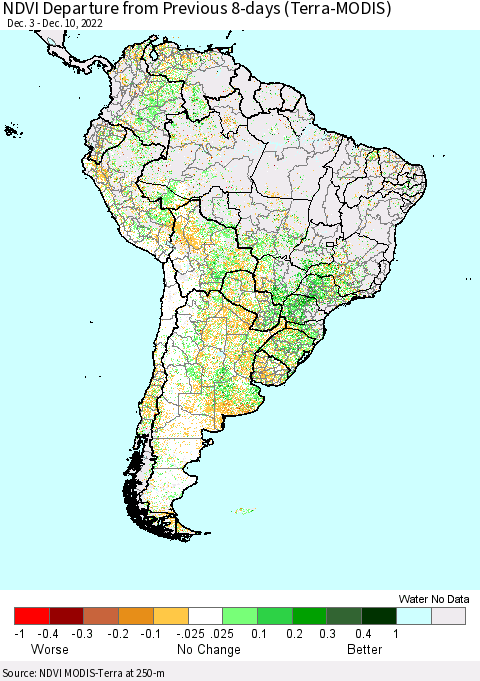 South America NDVI Departure from Previous 8-days (Terra-MODIS) Thematic Map For 12/3/2022 - 12/10/2022