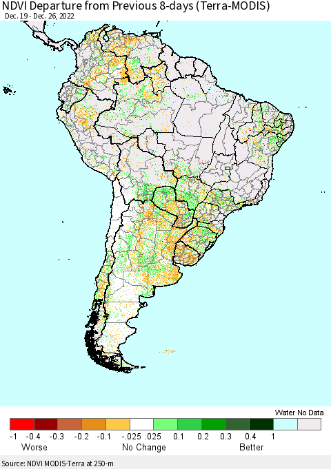 South America NDVI Departure from Previous 8-days (Terra-MODIS) Thematic Map For 12/19/2022 - 12/26/2022