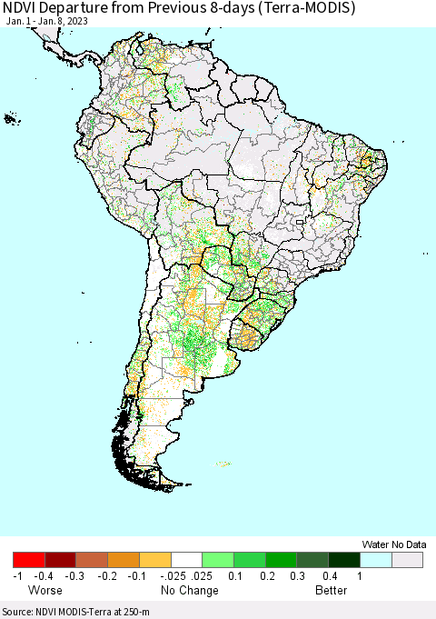 South America NDVI Departure from Previous 8-days (Terra-MODIS) Thematic Map For 1/1/2023 - 1/8/2023