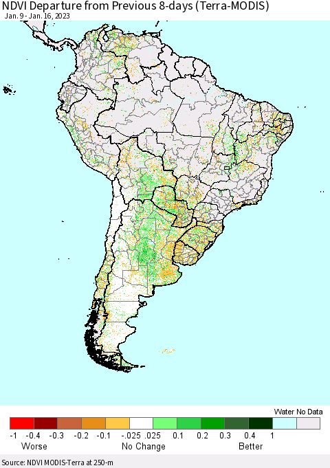 South America NDVI Departure from Previous 8-days (Terra-MODIS) Thematic Map For 1/9/2023 - 1/16/2023