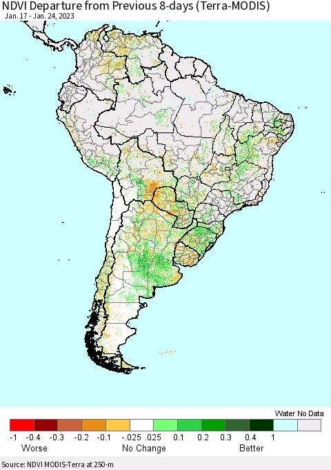 South America NDVI Departure from Previous 8-days (Terra-MODIS) Thematic Map For 1/17/2023 - 1/24/2023