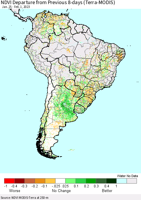 South America NDVI Departure from Previous 8-days (Terra-MODIS) Thematic Map For 1/25/2023 - 2/1/2023