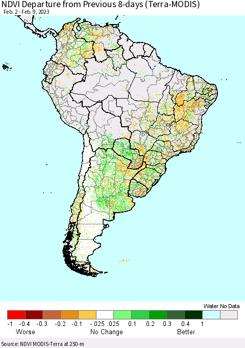 South America NDVI Departure from Previous 8-days (Terra-MODIS) Thematic Map For 2/2/2023 - 2/9/2023