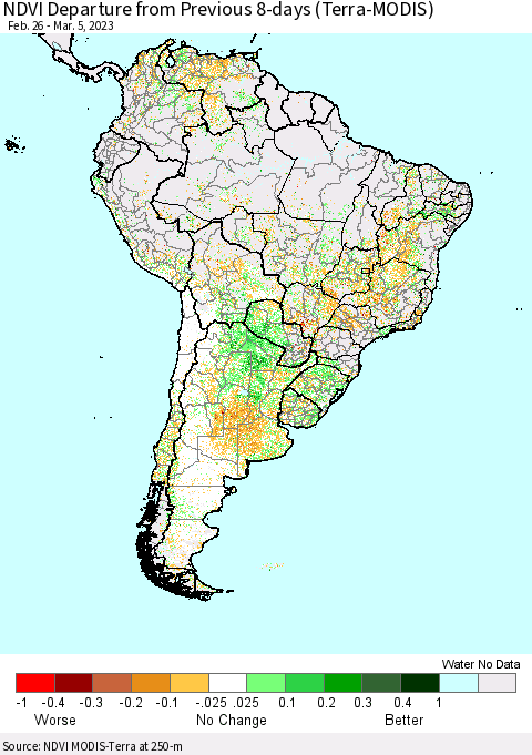 South America NDVI Departure from Previous 8-days (Terra-MODIS) Thematic Map For 2/26/2023 - 3/5/2023