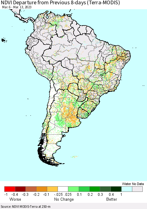 South America NDVI Departure from Previous 8-days (Terra-MODIS) Thematic Map For 3/6/2023 - 3/13/2023