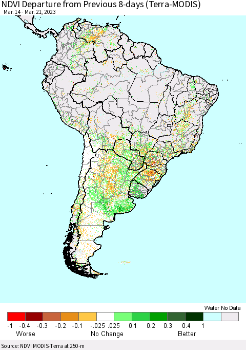 South America NDVI Departure from Previous 8-days (Terra-MODIS) Thematic Map For 3/14/2023 - 3/21/2023