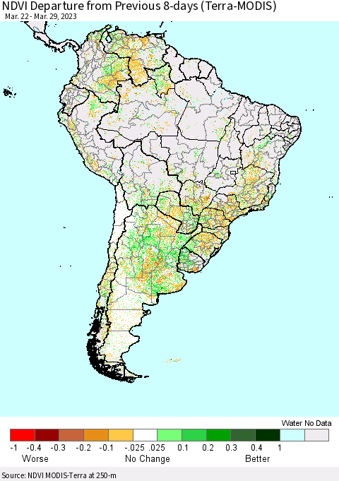 South America NDVI Departure from Previous 8-days (Terra-MODIS) Thematic Map For 3/22/2023 - 3/29/2023