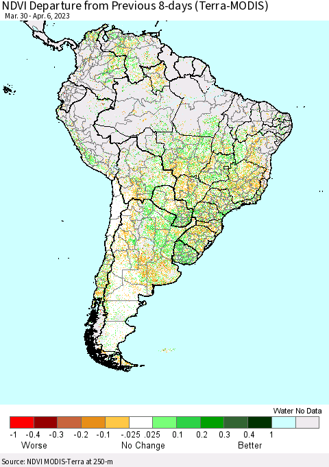 South America NDVI Departure from Previous 8-days (Terra-MODIS) Thematic Map For 3/30/2023 - 4/6/2023