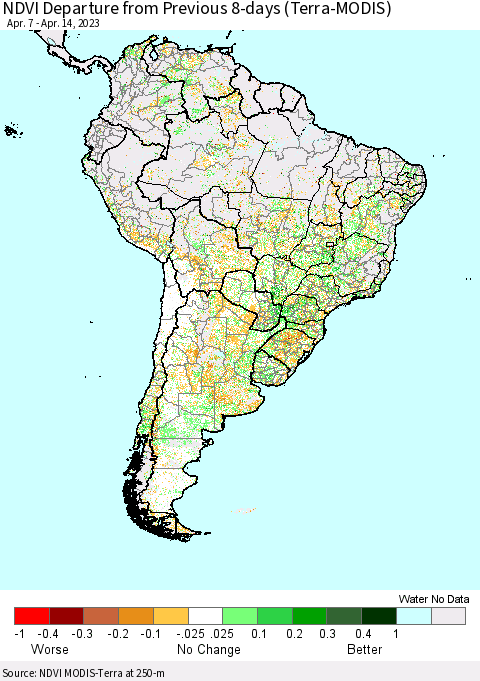 South America NDVI Departure from Previous 8-days (Terra-MODIS) Thematic Map For 4/7/2023 - 4/14/2023